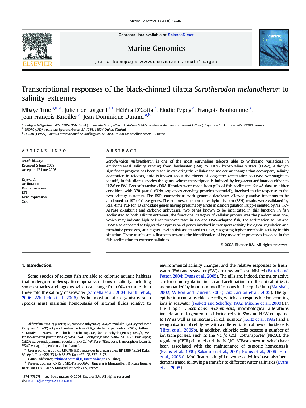 Transcriptional responses of the black-chinned tilapia Sarotherodon melanotheron to salinity extremes