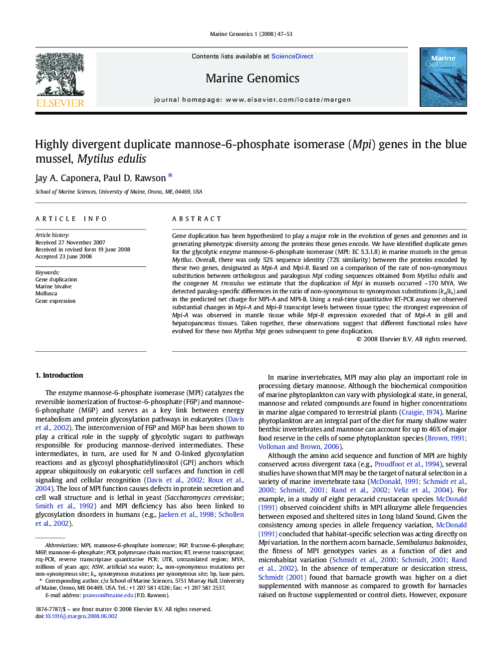 Highly divergent duplicate mannose-6-phosphate isomerase (Mpi) genes in the blue mussel, Mytilus edulis