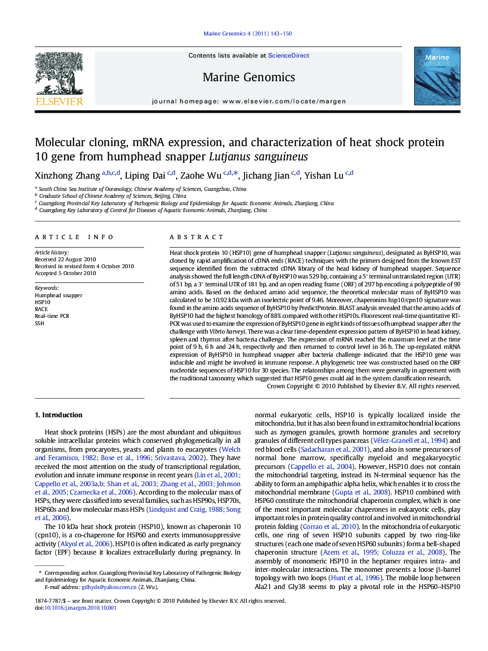 Molecular cloning, mRNA expression, and characterization of heat shock protein 10 gene from humphead snapper Lutjanus sanguineus