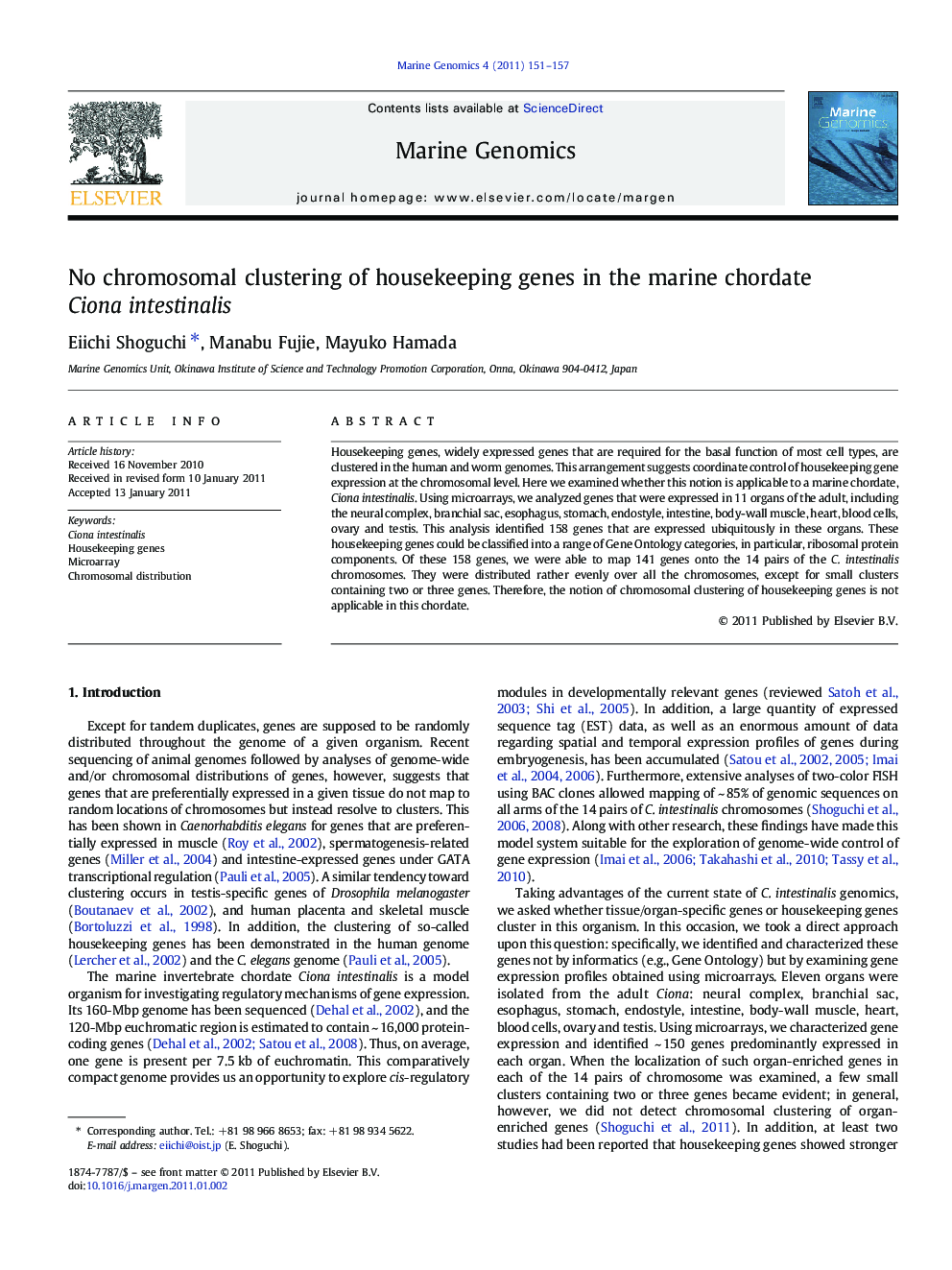 No chromosomal clustering of housekeeping genes in the marine chordate Ciona intestinalis