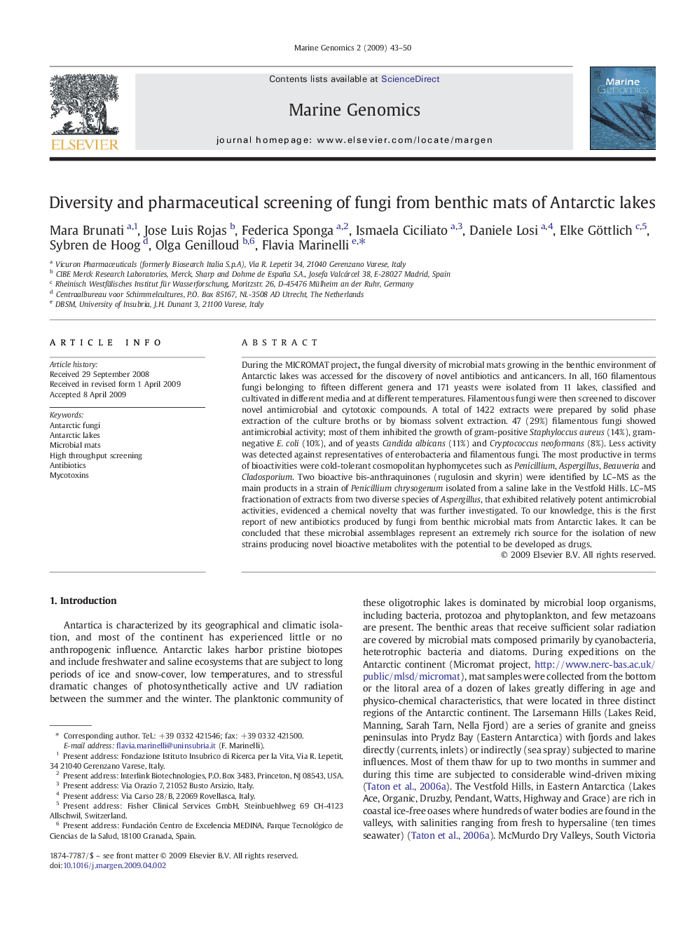 Diversity and pharmaceutical screening of fungi from benthic mats of Antarctic lakes