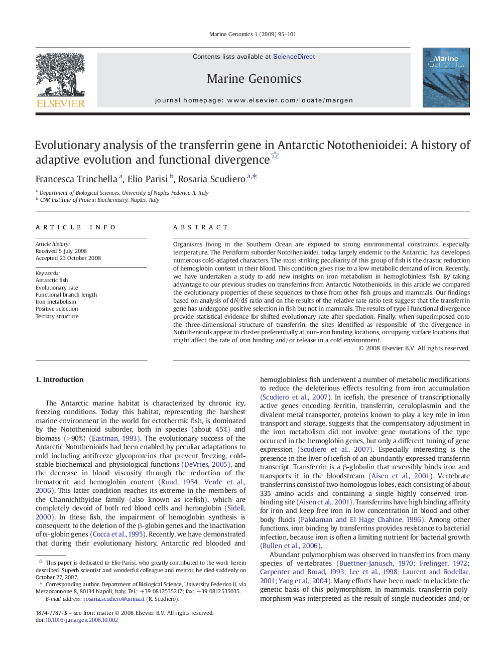 Evolutionary analysis of the transferrin gene in Antarctic Notothenioidei: A history of adaptive evolution and functional divergence 