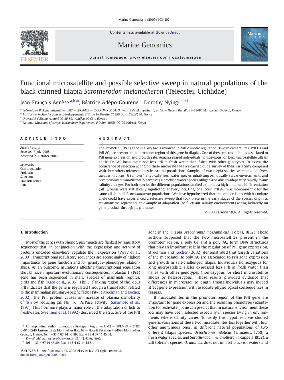 Functional microsatellite and possible selective sweep in natural populations of the black-chinned tilapia Sarotherodon melanotheron (Teleostei, Cichlidae)