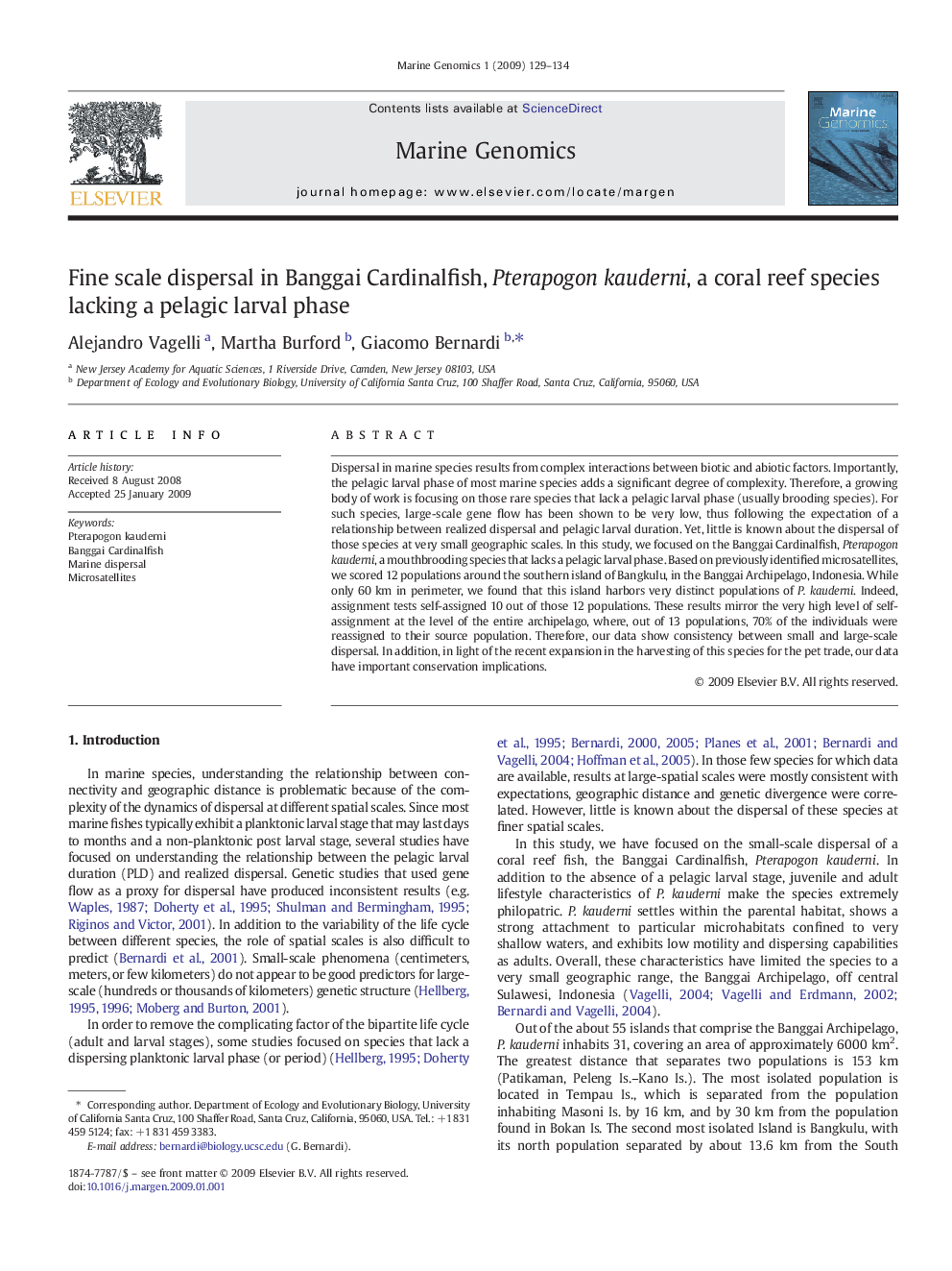 Fine scale dispersal in Banggai Cardinalfish, Pterapogon kauderni, a coral reef species lacking a pelagic larval phase