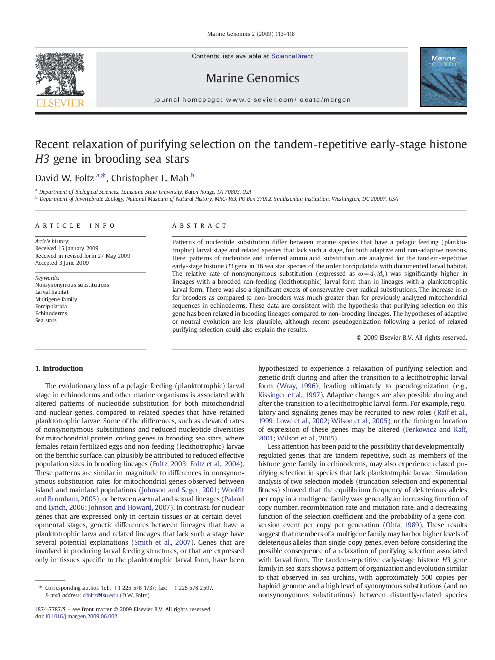 Recent relaxation of purifying selection on the tandem-repetitive early-stage histone H3 gene in brooding sea stars