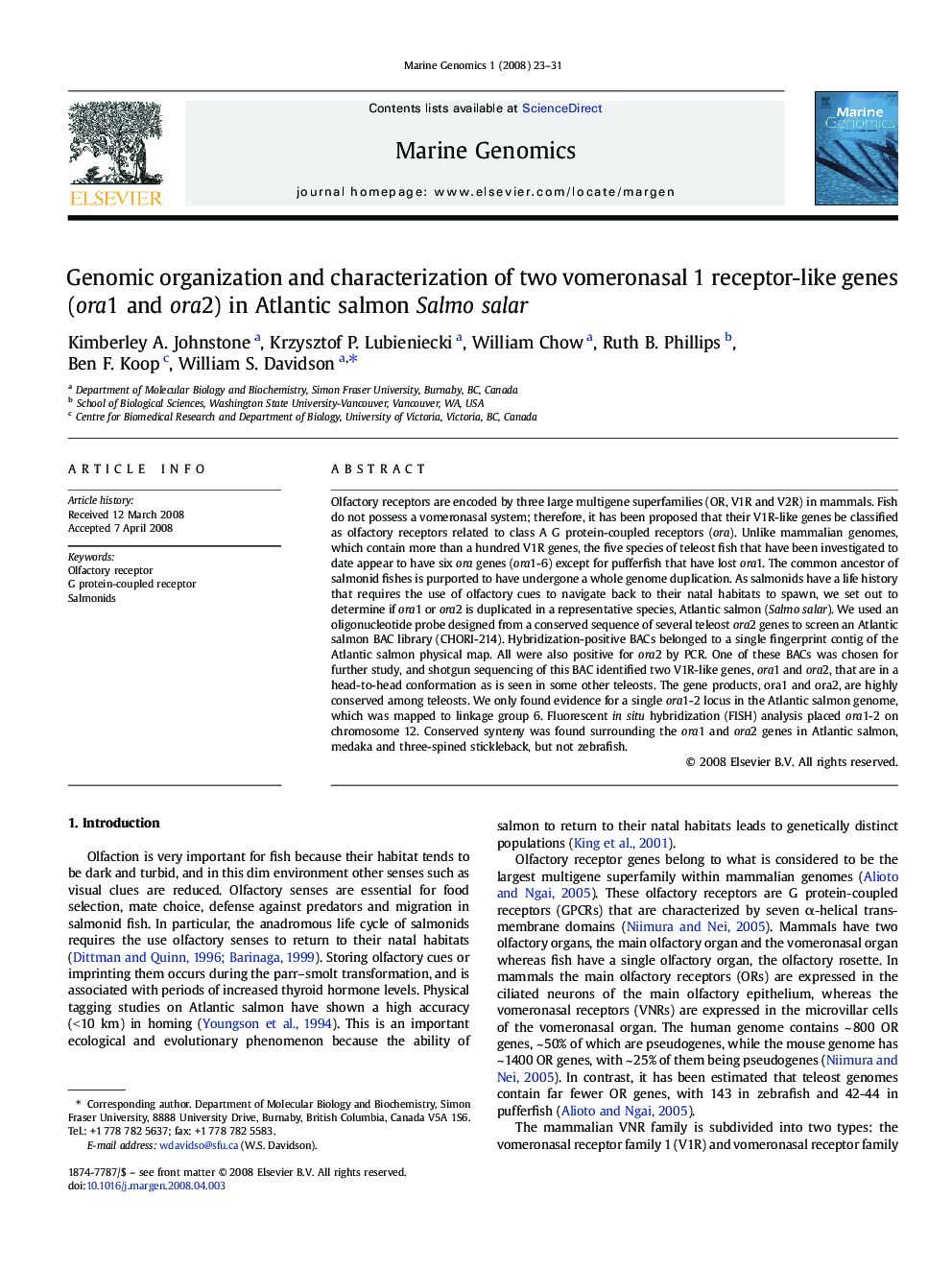 Genomic organization and characterization of two vomeronasal 1 receptor-like genes (ora1 and ora2) in Atlantic salmon Salmo salar