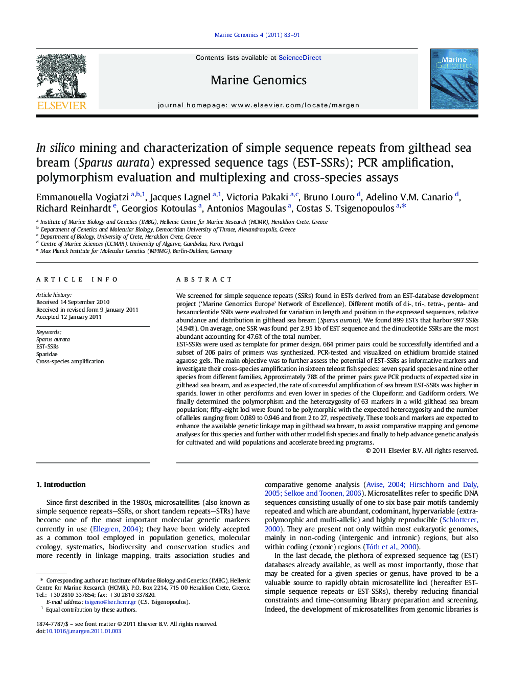 In silico mining and characterization of simple sequence repeats from gilthead sea bream (Sparus aurata) expressed sequence tags (EST-SSRs); PCR amplification, polymorphism evaluation and multiplexing and cross-species assays