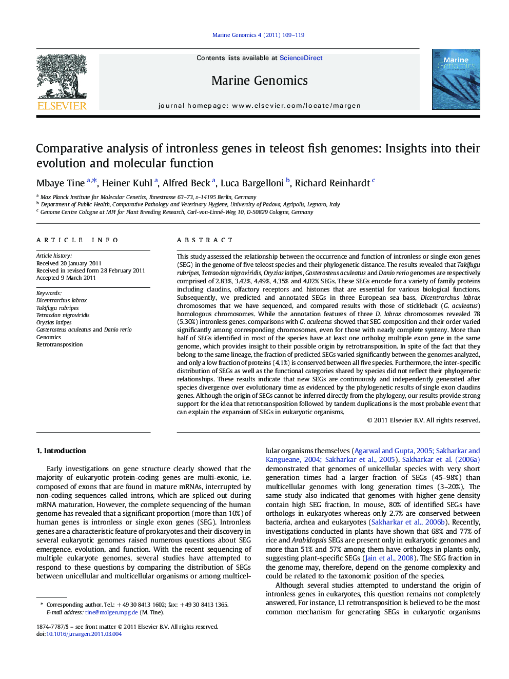 Comparative analysis of intronless genes in teleost fish genomes: Insights into their evolution and molecular function