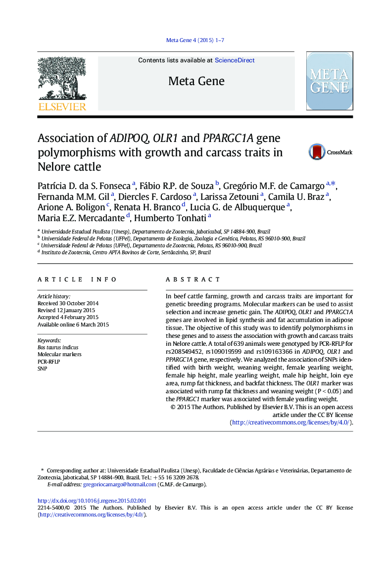 Association of ADIPOQ, OLR1 and PPARGC1A gene polymorphisms with growth and carcass traits in Nelore cattle