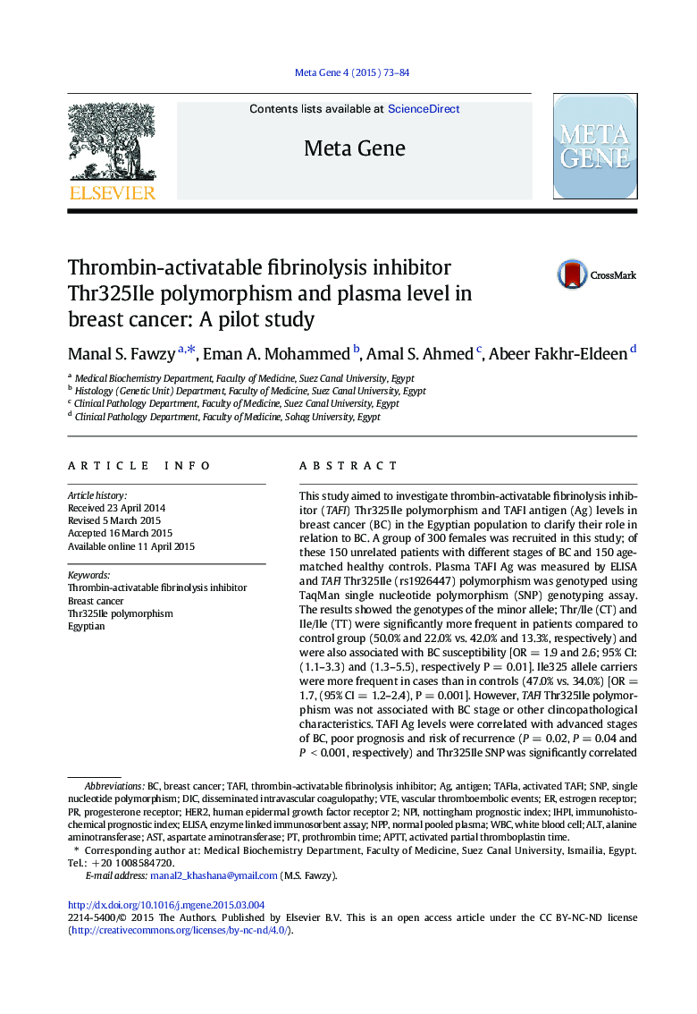 Thrombin-activatable fibrinolysis inhibitor Thr325Ile polymorphism and plasma level in breast cancer: A pilot study