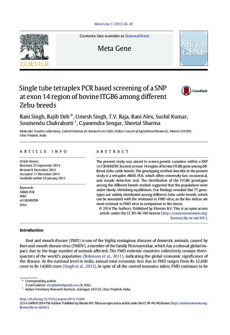 Single tube tetraplex PCR based screening of a SNP at exon 14 region of bovine ITGB6 among different Zebu breeds