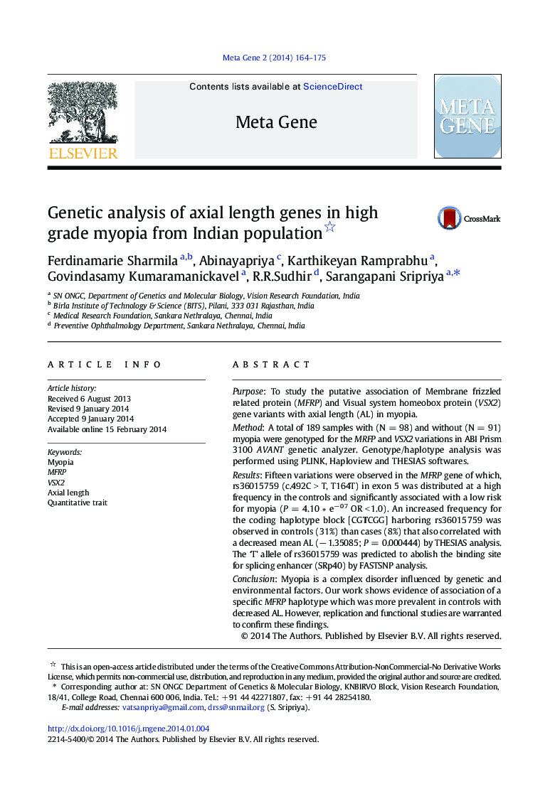 تجزیه و تحلیل ژنتیکی ژنهای طول محوری در میوپی با درجه بالا از جمعیت هند 
