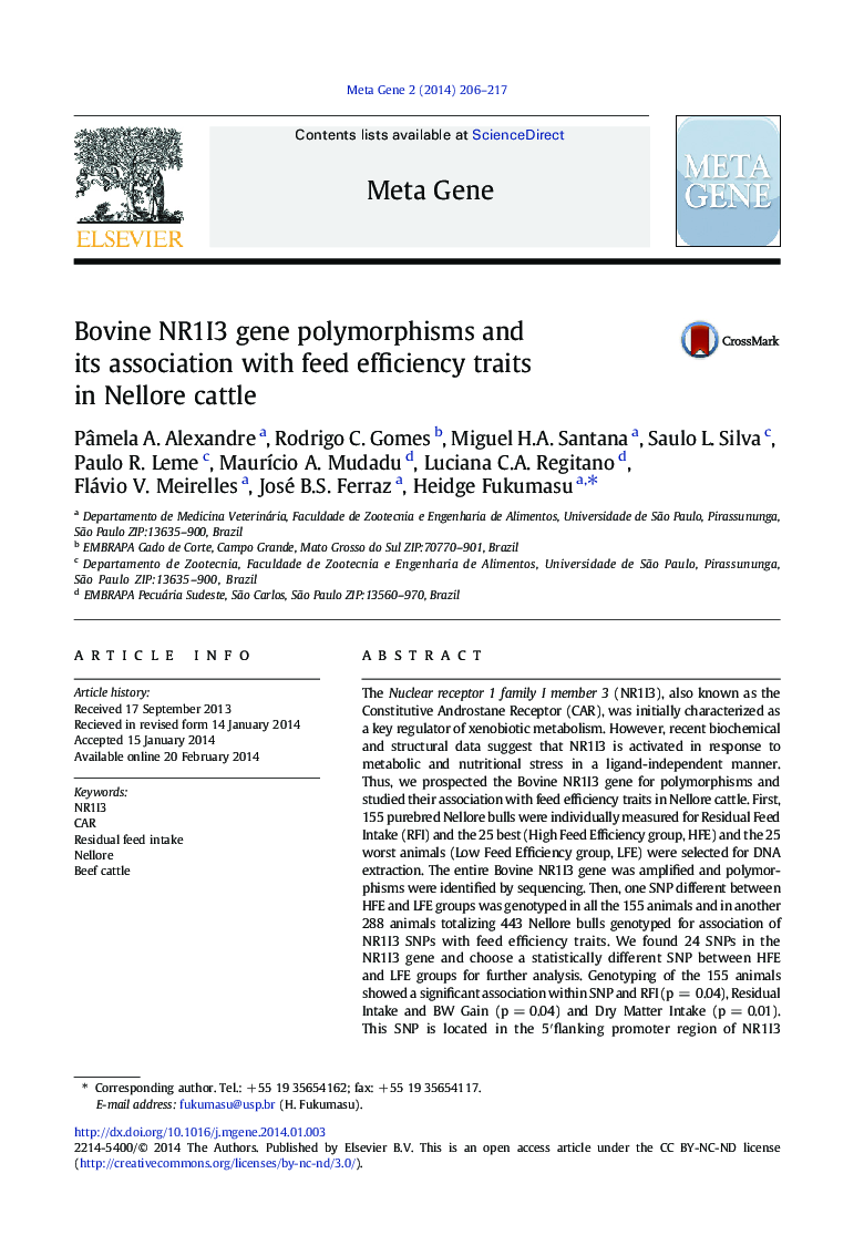 Bovine NR1I3 gene polymorphisms and its association with feed efficiency traits in Nellore cattle