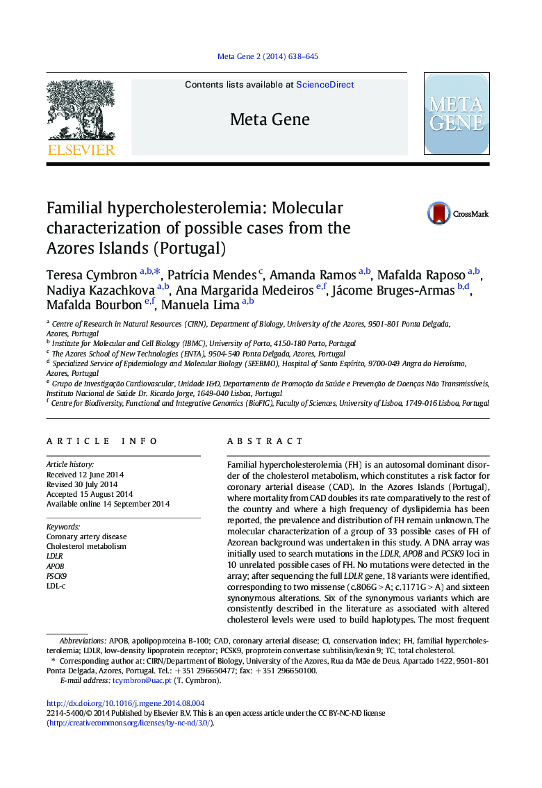 هیپرکلسترولمی خانوادگی: مشخصه مولکولی موارد احتمالی از جزایر آزور (پرتغال) 