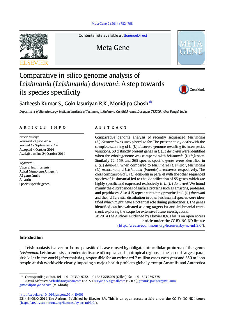 Comparative in-silico genome analysis of Leishmania (Leishmania) donovani: A step towards its species specificity