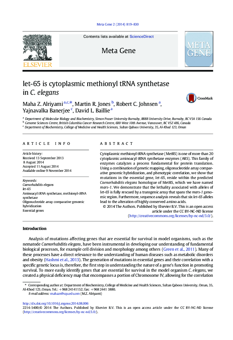 let-65 is cytoplasmic methionyl tRNA synthetase in C. elegans