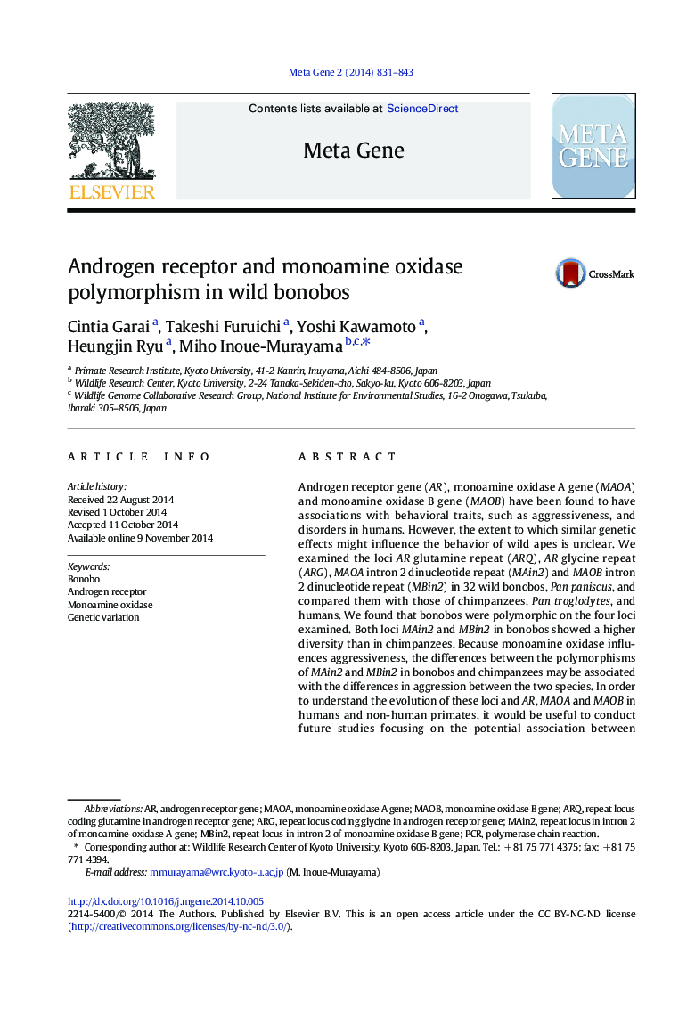 گیرنده آندروژن و پلی مورفیسم مونوآمین اکسیداز در بونوبو وحشی 