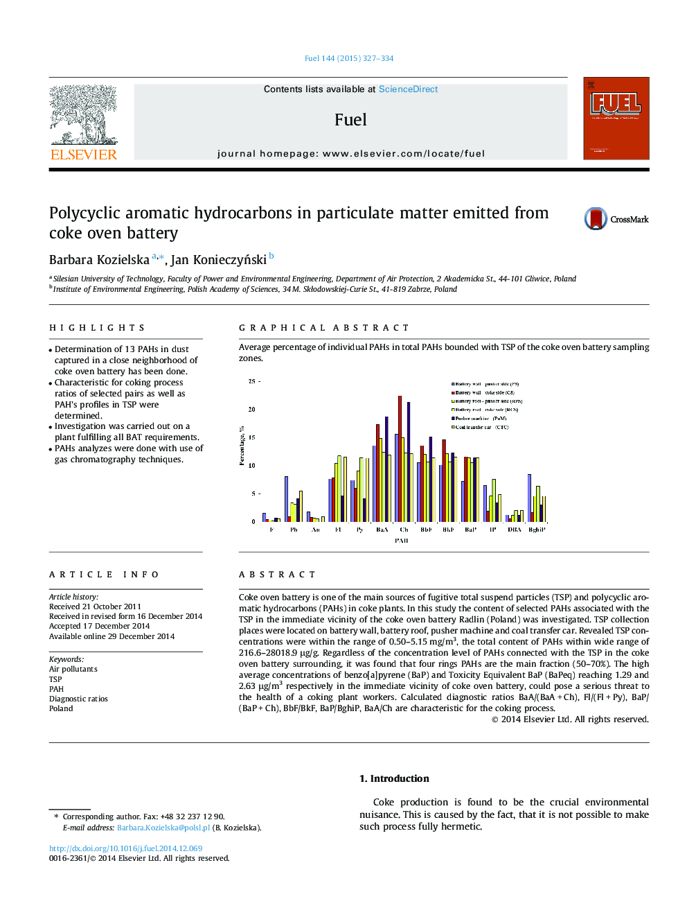 Polycyclic aromatic hydrocarbons in particulate matter emitted from coke oven battery