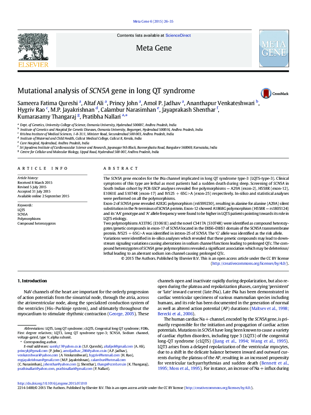 Mutational analysis of SCN5A gene in long QT syndrome