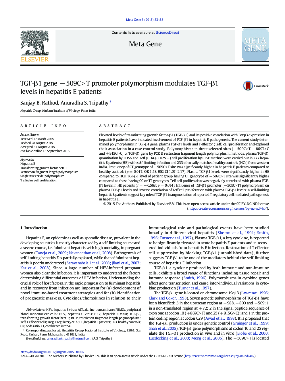 TGF-β1 gene − 509C > T promoter polymorphism modulates TGF-β1 levels in hepatitis E patients
