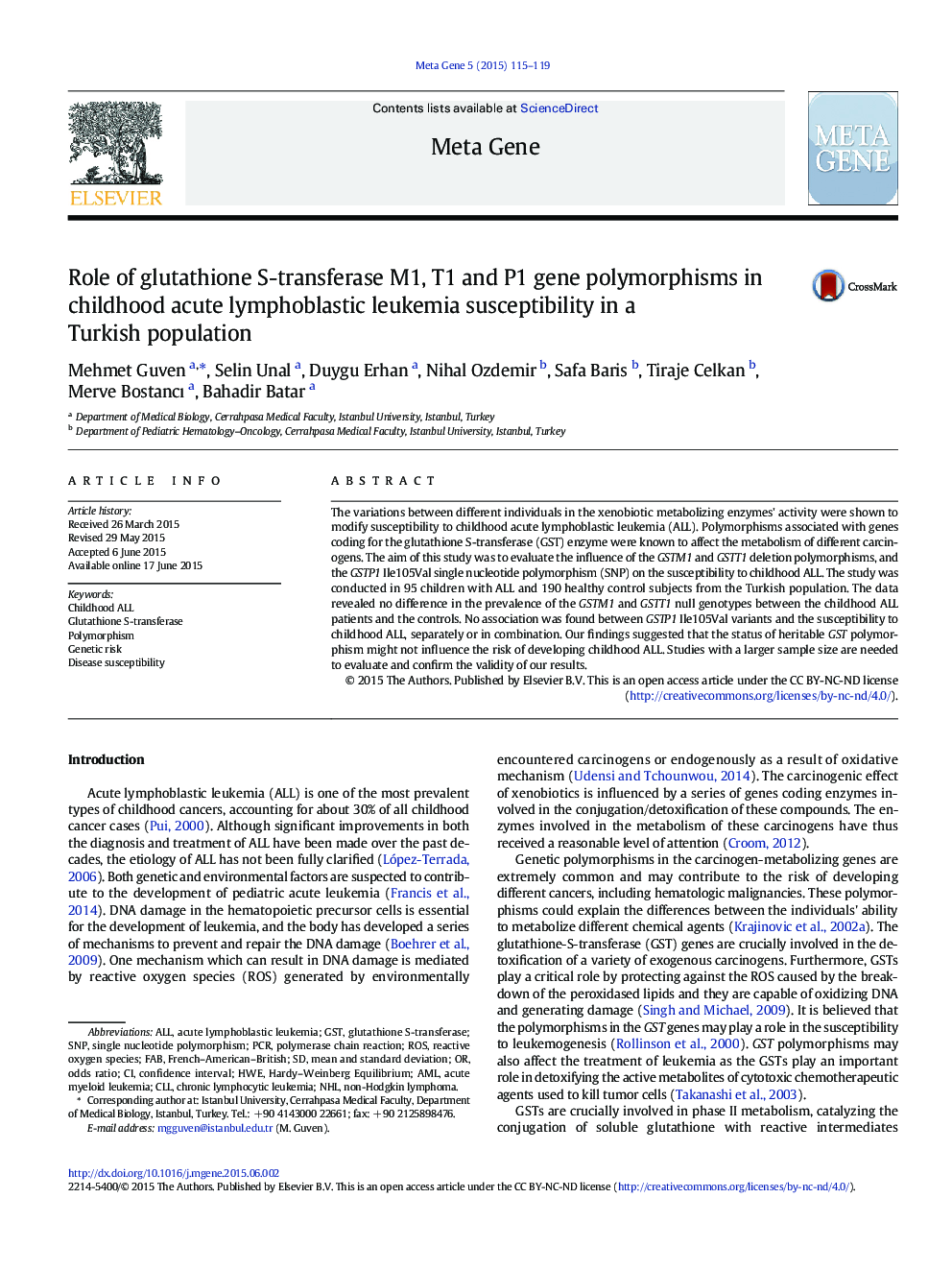 Role of glutathione S-transferase M1, T1 and P1 gene polymorphisms in childhood acute lymphoblastic leukemia susceptibility in a Turkish population