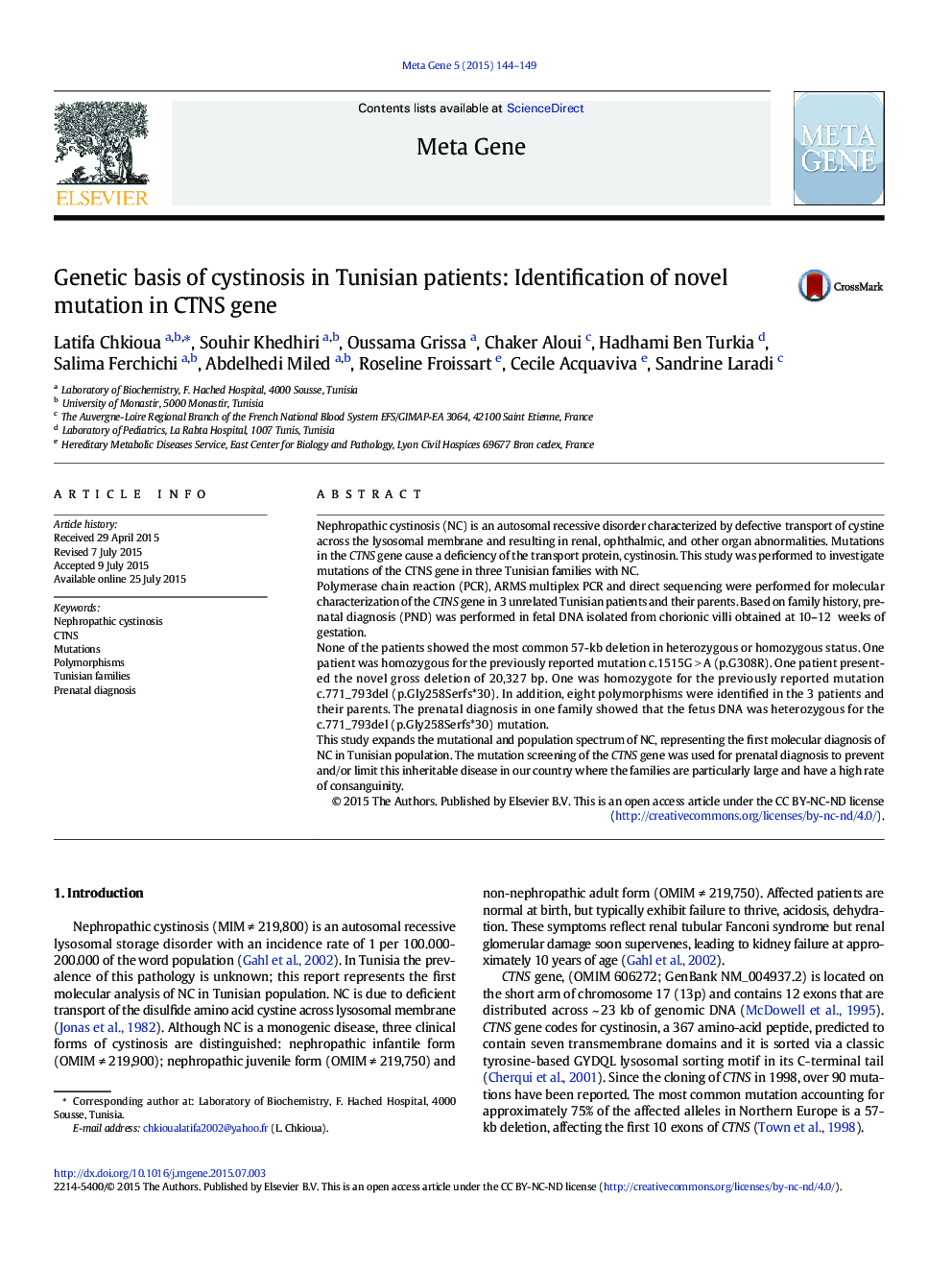 Genetic basis of cystinosis in Tunisian patients: Identification of novel mutation in CTNS gene