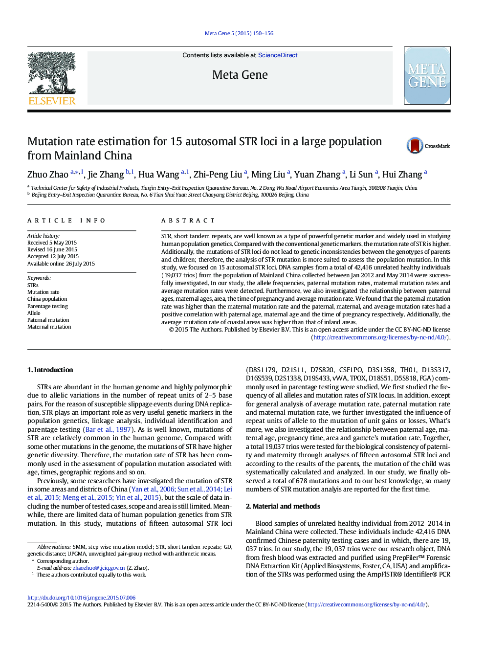 Mutation rate estimation for 15 autosomal STR loci in a large population from Mainland China