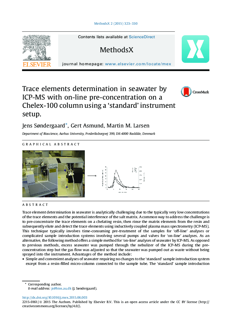 Trace elements determination in seawater by ICP-MS with on-line pre-concentration on a Chelex-100 column using a ‘standard’ instrument setup.