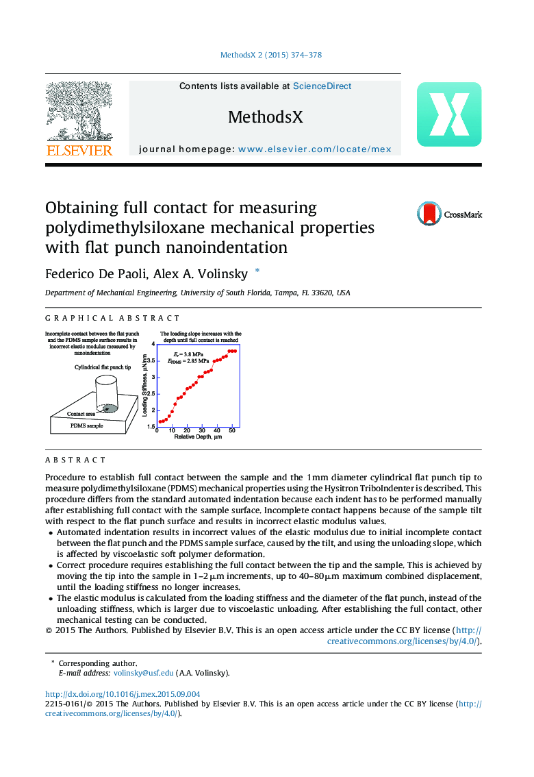 Obtaining full contact for measuring polydimethylsiloxane mechanical properties with flat punch nanoindentation