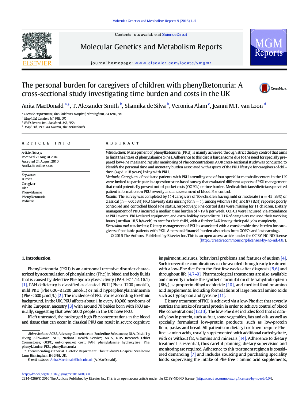 The personal burden for caregivers of children with phenylketonuria: A cross-sectional study investigating time burden and costs in the UK