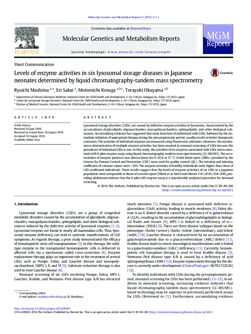 Levels of enzyme activities in six lysosomal storage diseases in Japanese neonates determined by liquid chromatography-tandem mass spectrometry