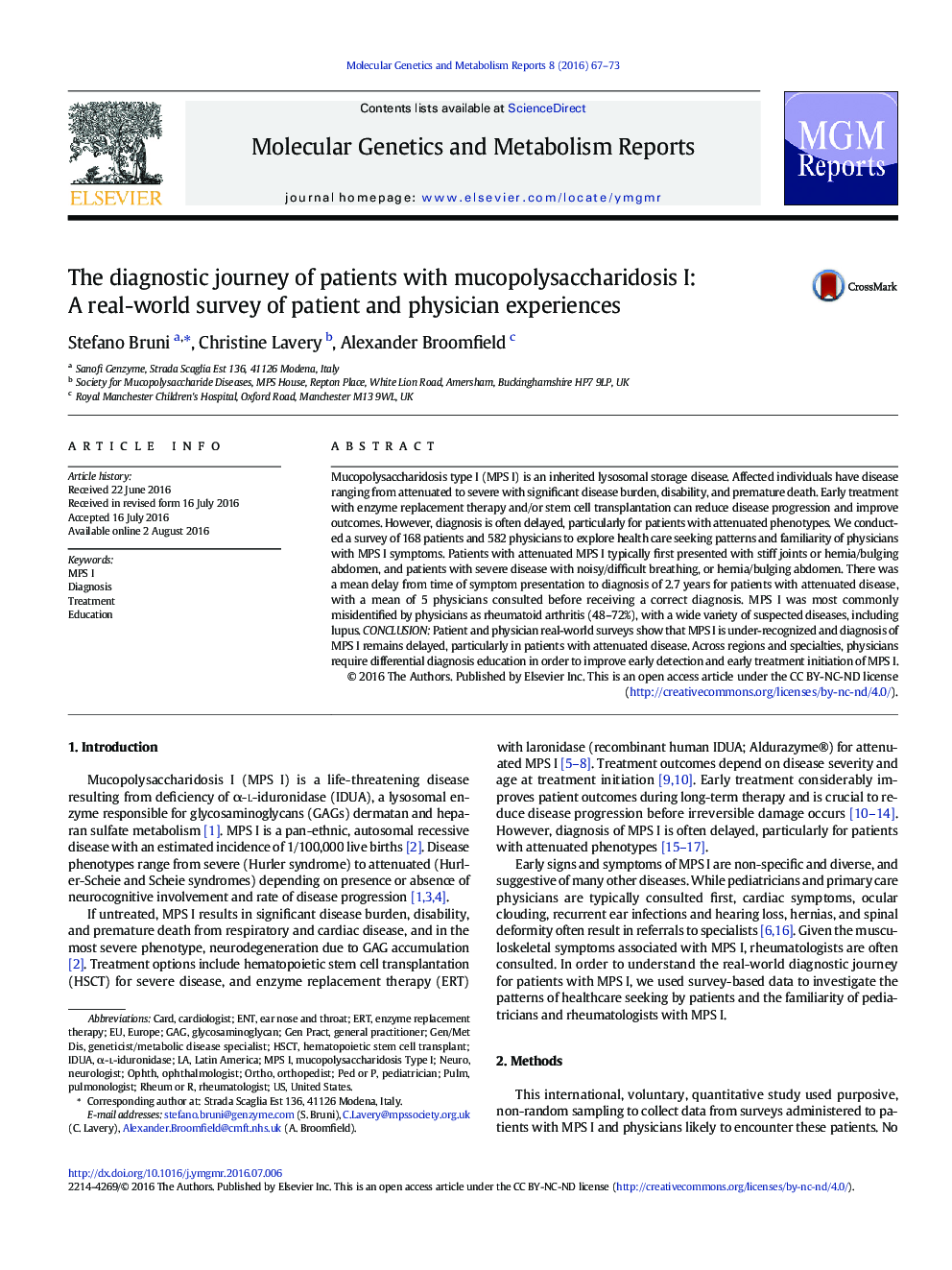 The diagnostic journey of patients with mucopolysaccharidosis I: A real-world survey of patient and physician experiences