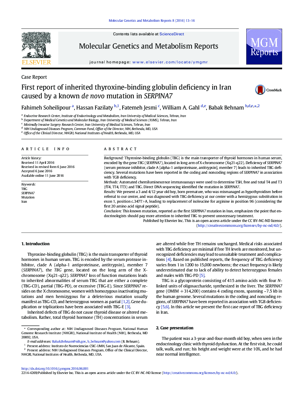 First report of inherited thyroxine-binding globulin deficiency in Iran caused by a known de novo mutation in SERPINA7