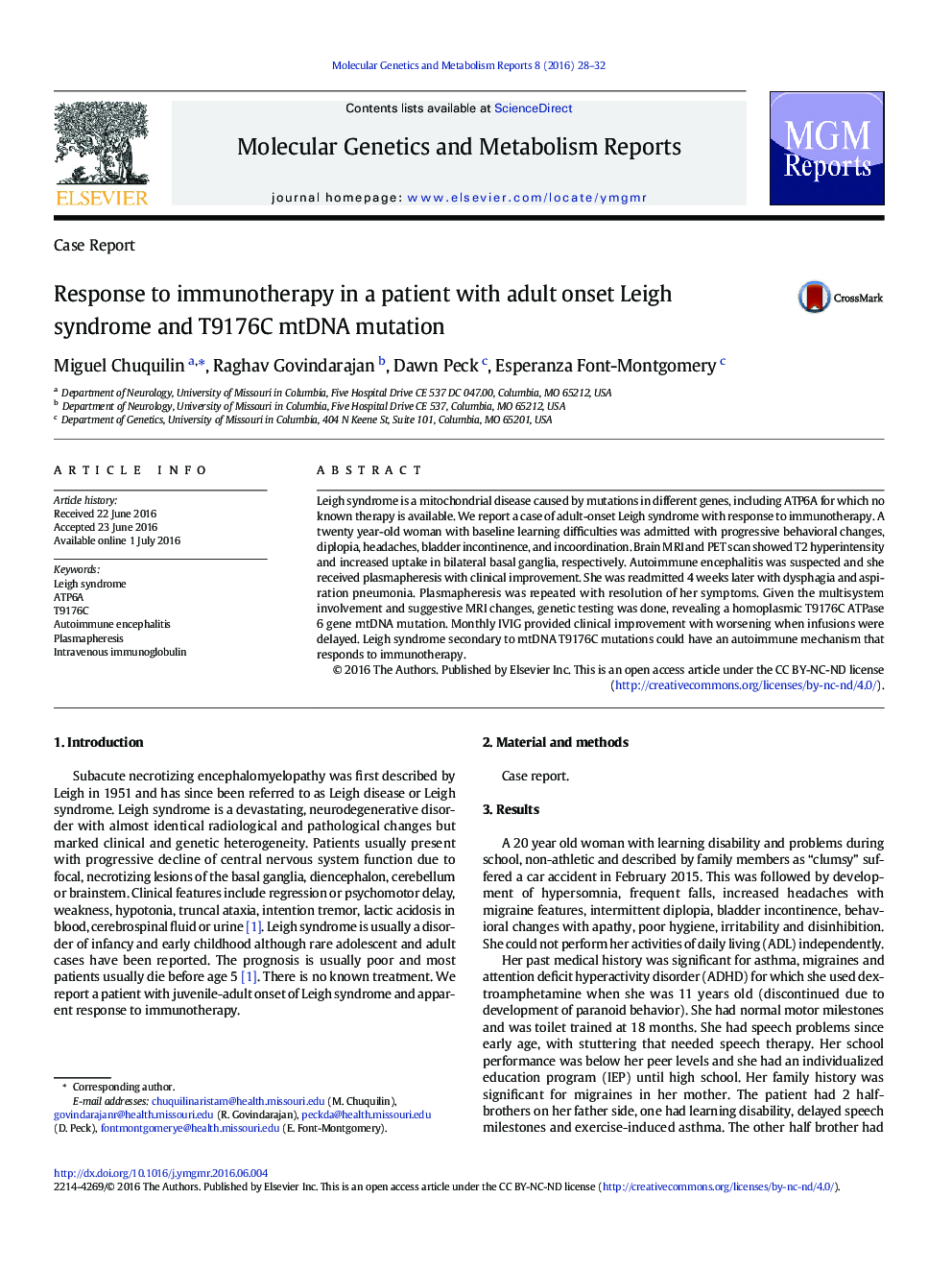 Response to immunotherapy in a patient with adult onset Leigh syndrome and T9176C mtDNA mutation