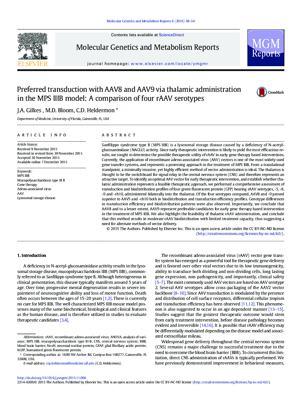 Preferred transduction with AAV8 and AAV9 via thalamic administration in the MPS IIIB model: A comparison of four rAAV serotypes