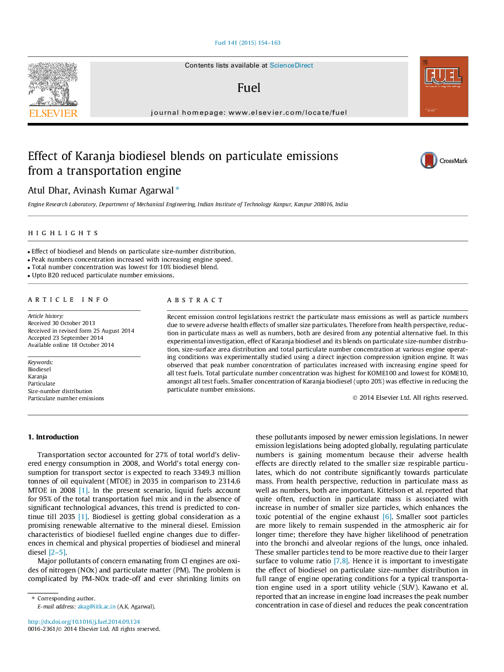عکس صفحه اول مقاله: Effect of Karanja biodiesel blends on particulate emissions from a transportation engine Effect of Karanja biodiesel blends on particulate emissions from a transportation engine