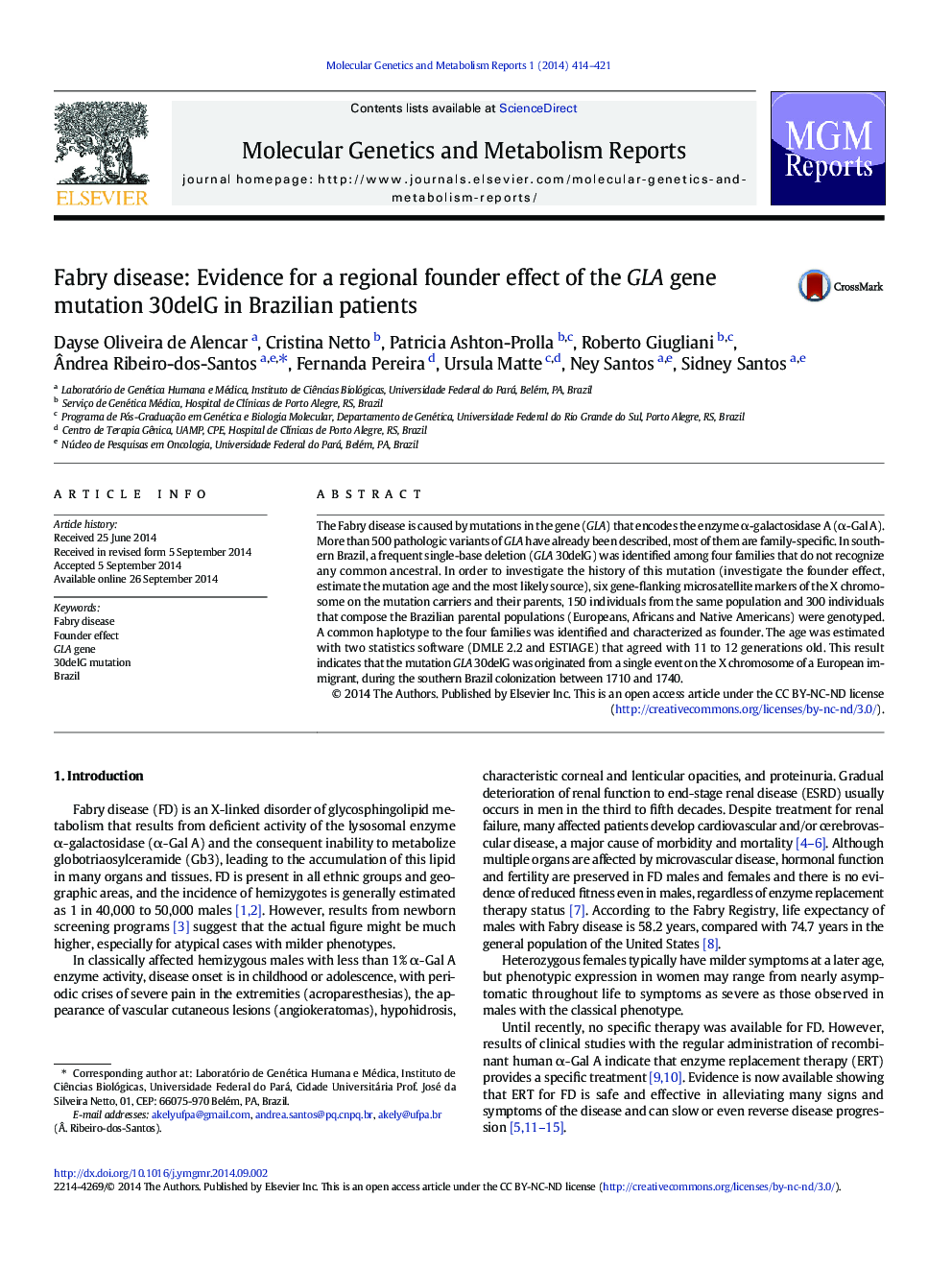 Fabry disease: Evidence for a regional founder effect of the GLA gene mutation 30delG in Brazilian patients