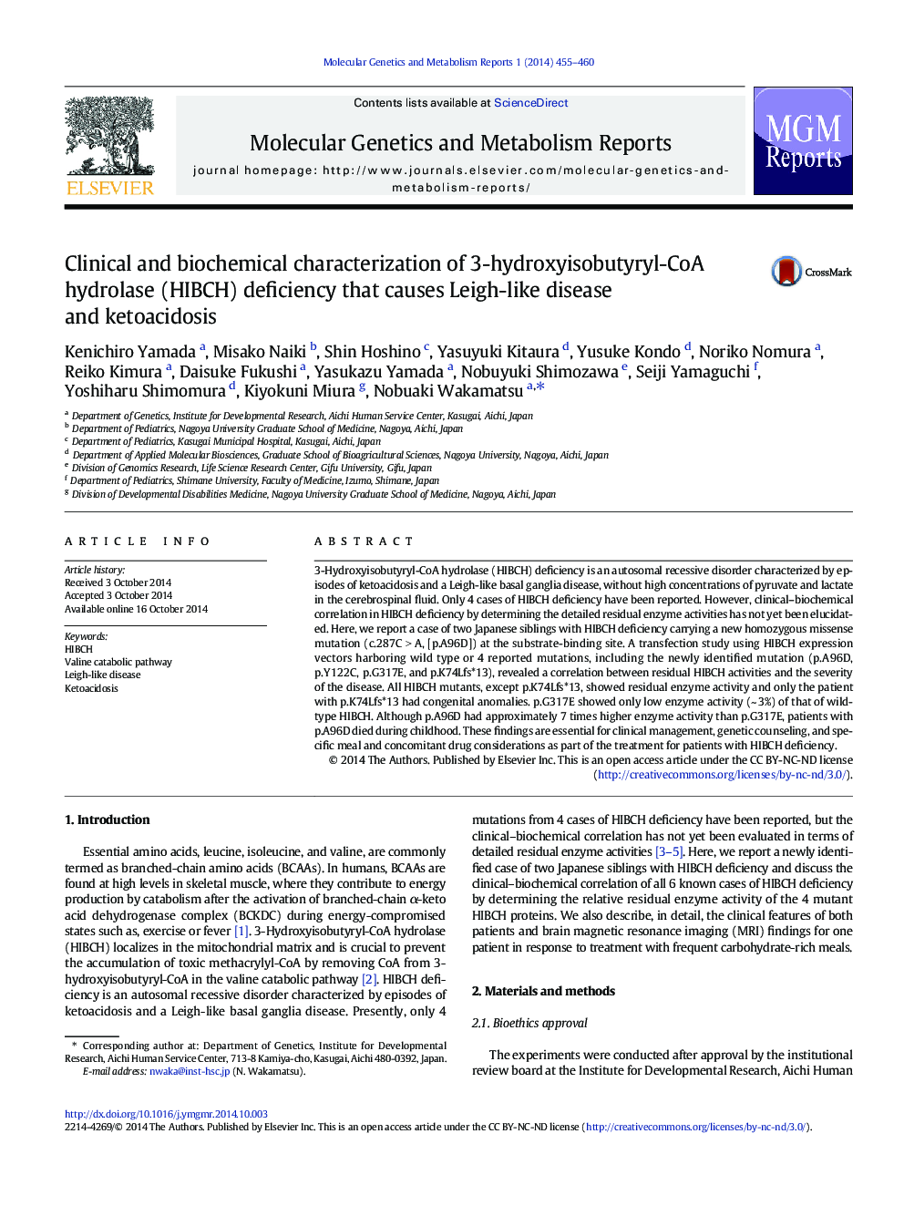 Clinical and biochemical characterization of 3-hydroxyisobutyryl-CoA hydrolase (HIBCH) deficiency that causes Leigh-like disease and ketoacidosis
