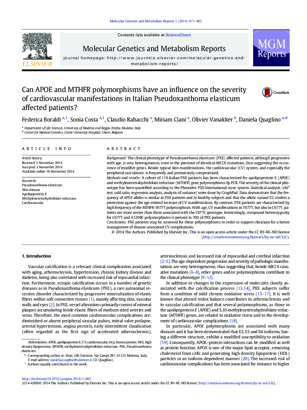 Can APOE and MTHFR polymorphisms have an influence on the severity of cardiovascular manifestations in Italian Pseudoxanthoma elasticum affected patients?