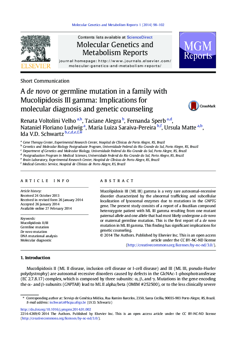 A de novo or germline mutation in a family with Mucolipidosis III gamma: Implications for molecular diagnosis and genetic counseling