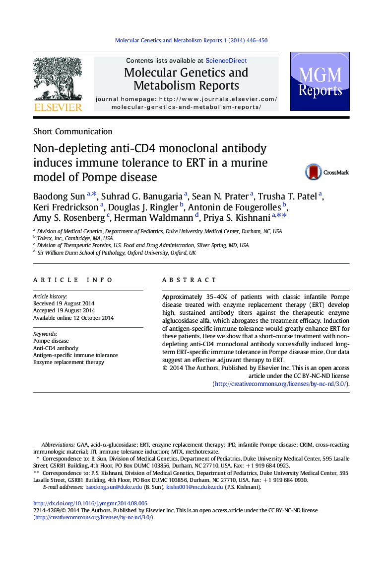 Non-depleting anti-CD4 monoclonal antibody induces immune tolerance to ERT in a murine model of Pompe disease