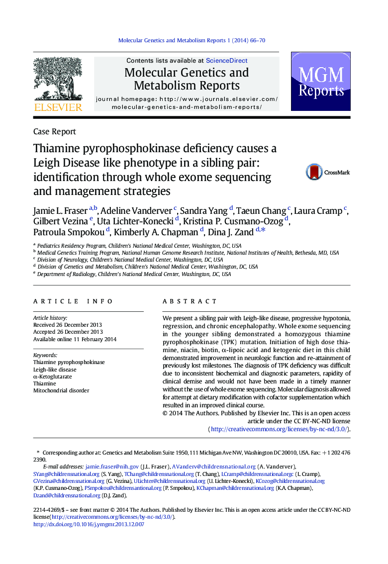 Thiamine pyrophosphokinase deficiency causes a Leigh Disease like phenotype in a sibling pair: identification through whole exome sequencing and management strategies