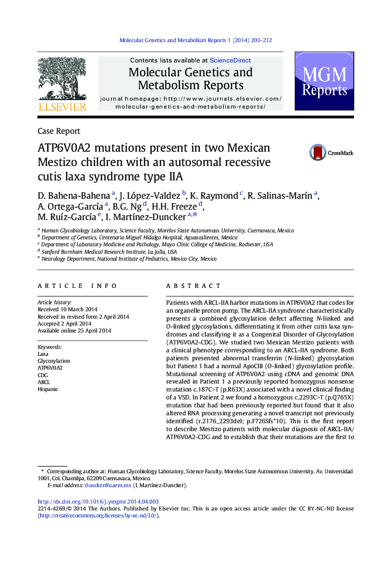 ATP6V0A2 mutations present in two Mexican Mestizo children with an autosomal recessive cutis laxa syndrome type IIA