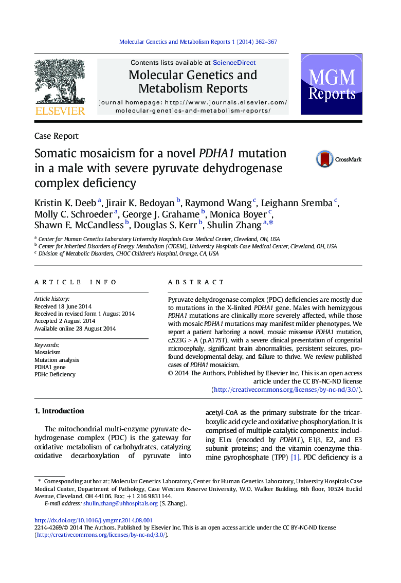 Somatic mosaicism for a novel PDHA1 mutation in a male with severe pyruvate dehydrogenase complex deficiency