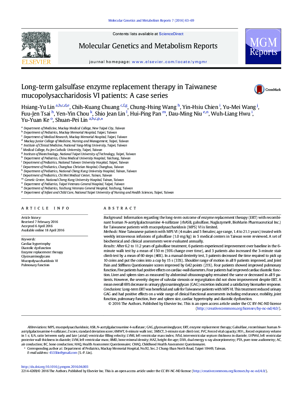 Long-term galsulfase enzyme replacement therapy in Taiwanese mucopolysaccharidosis VI patients: A case series