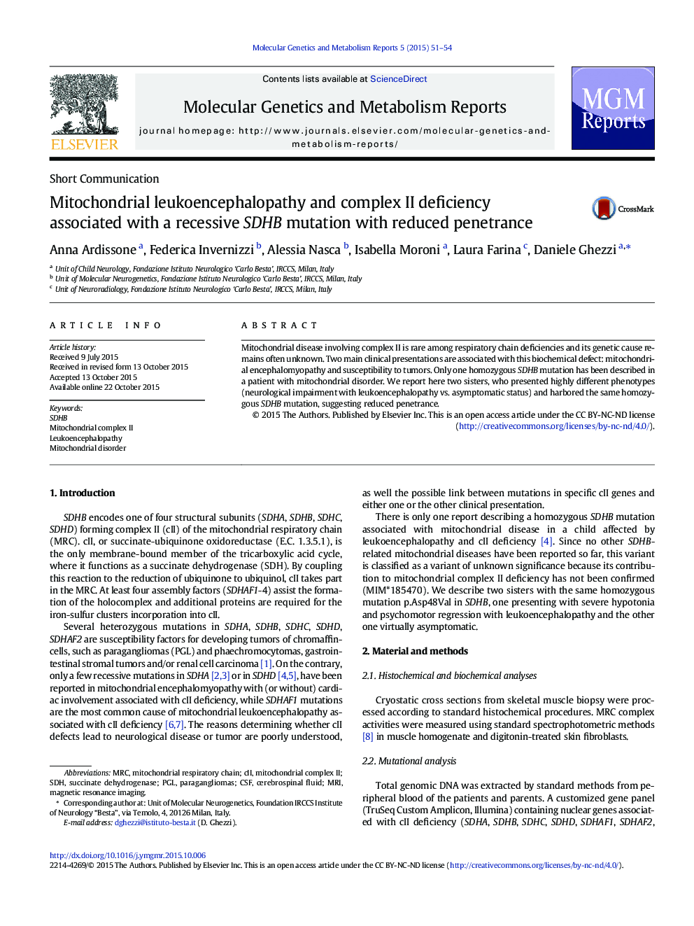 Mitochondrial leukoencephalopathy and complex II deficiency associated with a recessive SDHB mutation with reduced penetrance