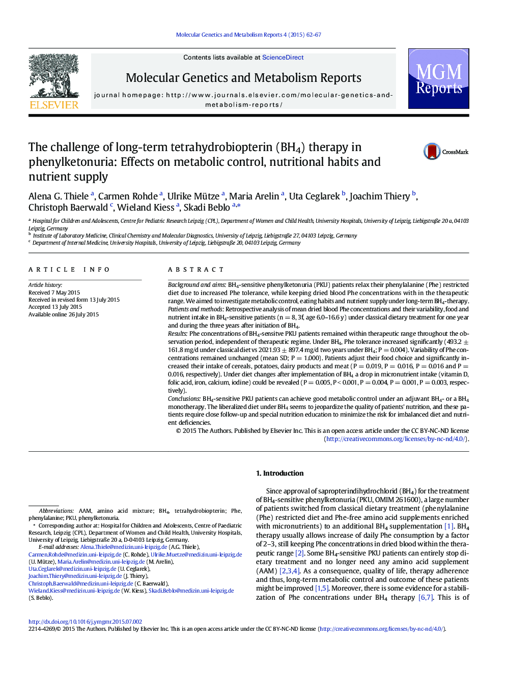 The challenge of long-term tetrahydrobiopterin (BH4) therapy in phenylketonuria: Effects on metabolic control, nutritional habits and nutrient supply