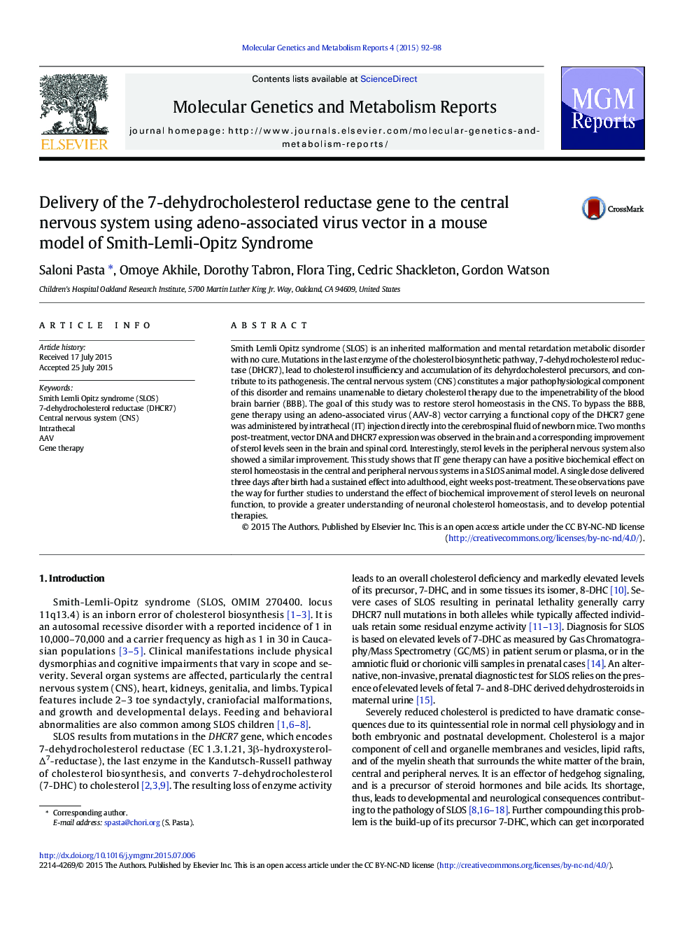 Delivery of the 7-dehydrocholesterol reductase gene to the central nervous system using adeno-associated virus vector in a mouse model of Smith-Lemli-Opitz Syndrome