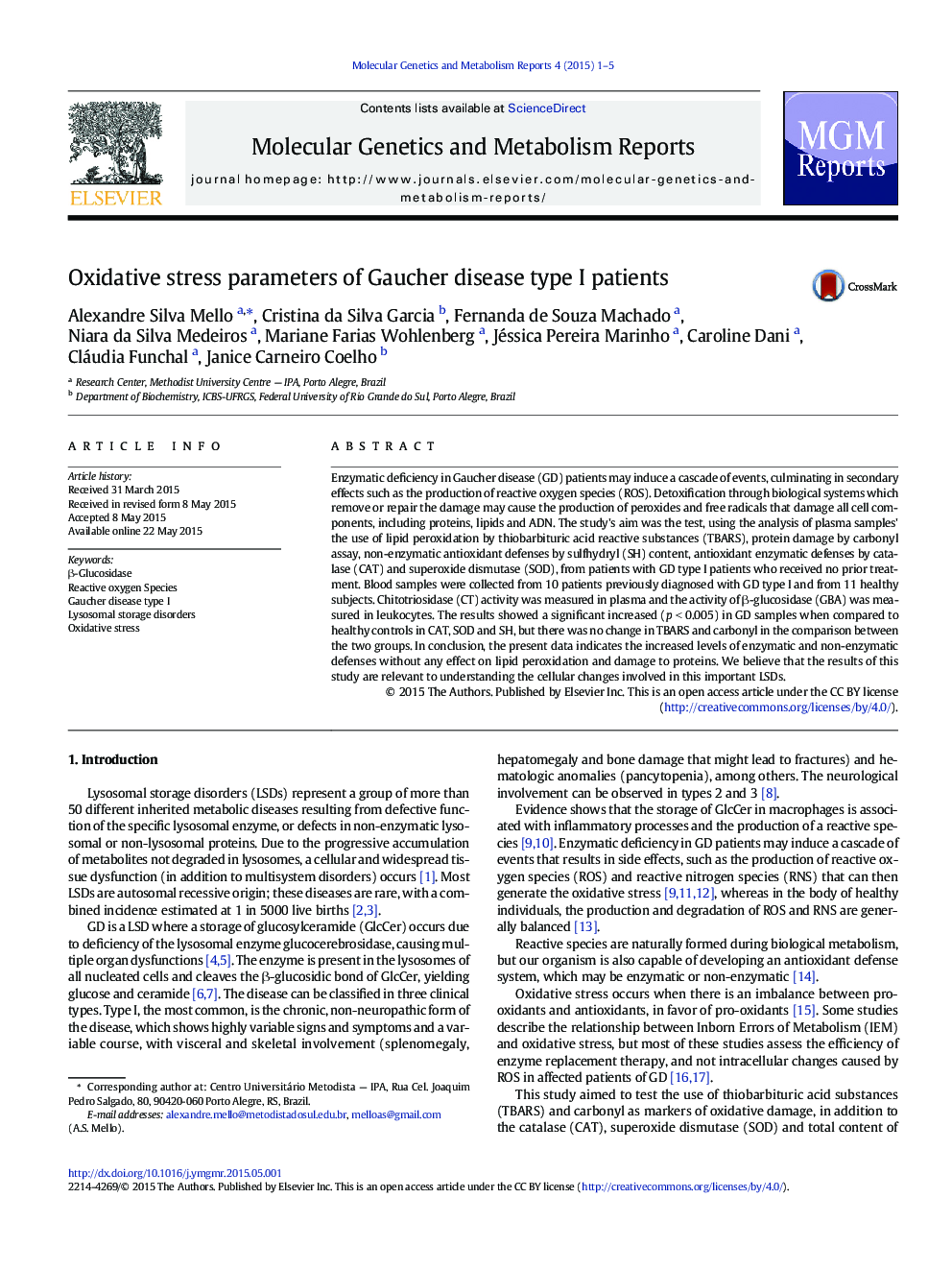 Oxidative stress parameters of Gaucher disease type I patients