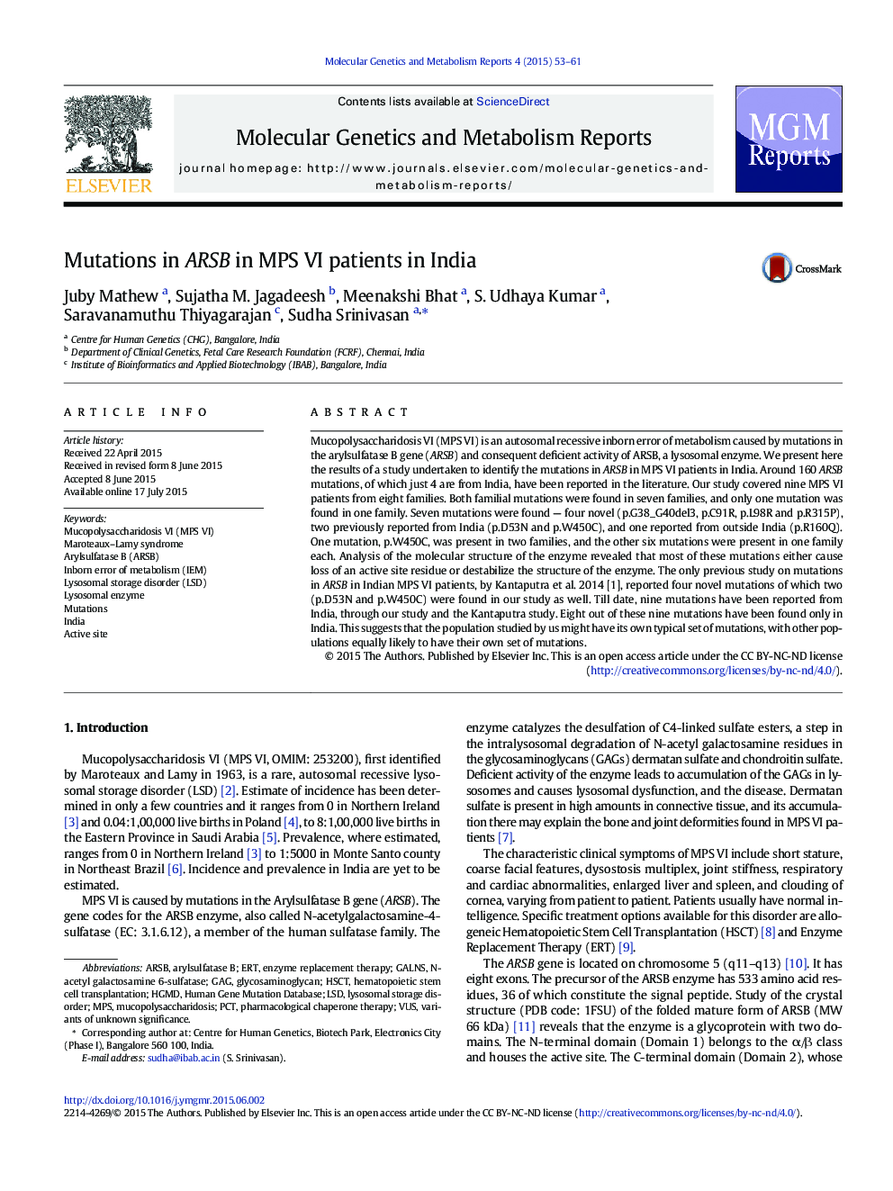 Mutations in ARSB in MPS VI patients in India